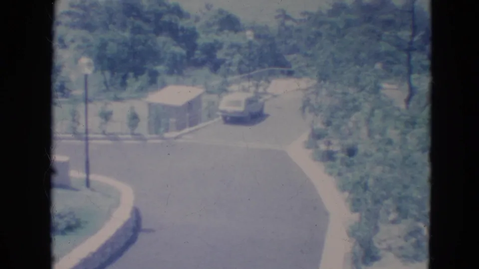 1976 Minnesota home-movie frame of a quiet curved street with dense trees, shrubs, a streetlight, a small structure, and a parked car.