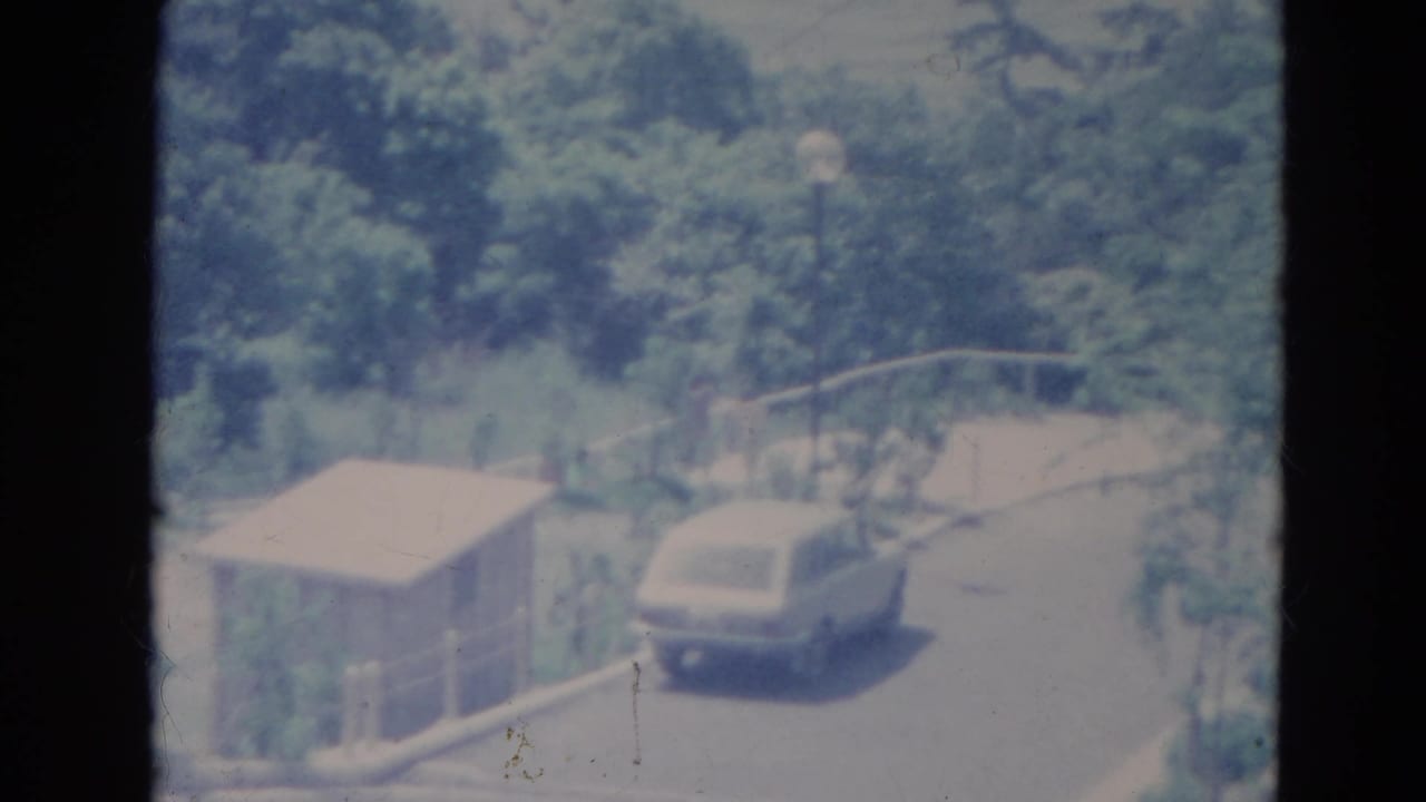 Light-colored station wagon on a winding road beside a small shed and trees.
