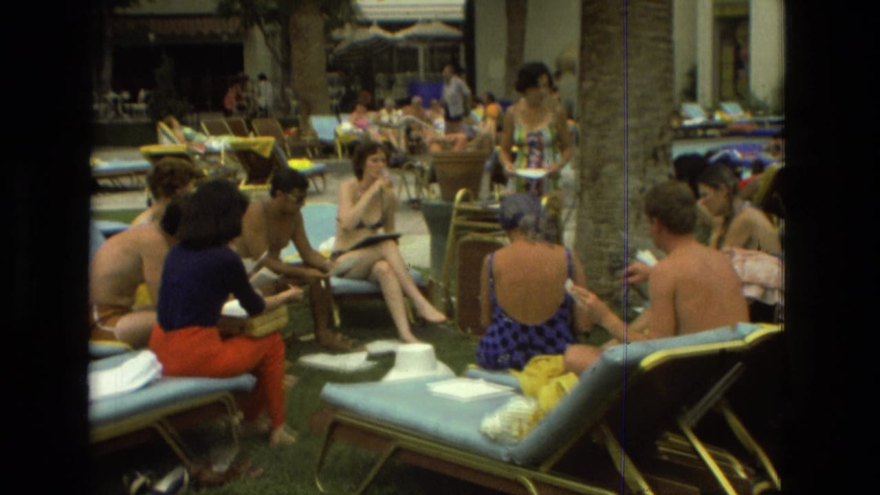 Adults relax on lounge chairs around a shaded pool area with palm trunks and towels.