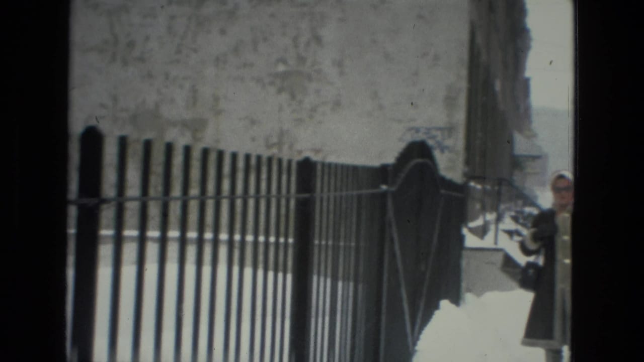 Snowy sidewalk and black metal fence with a distant person near the edge of the frame.
