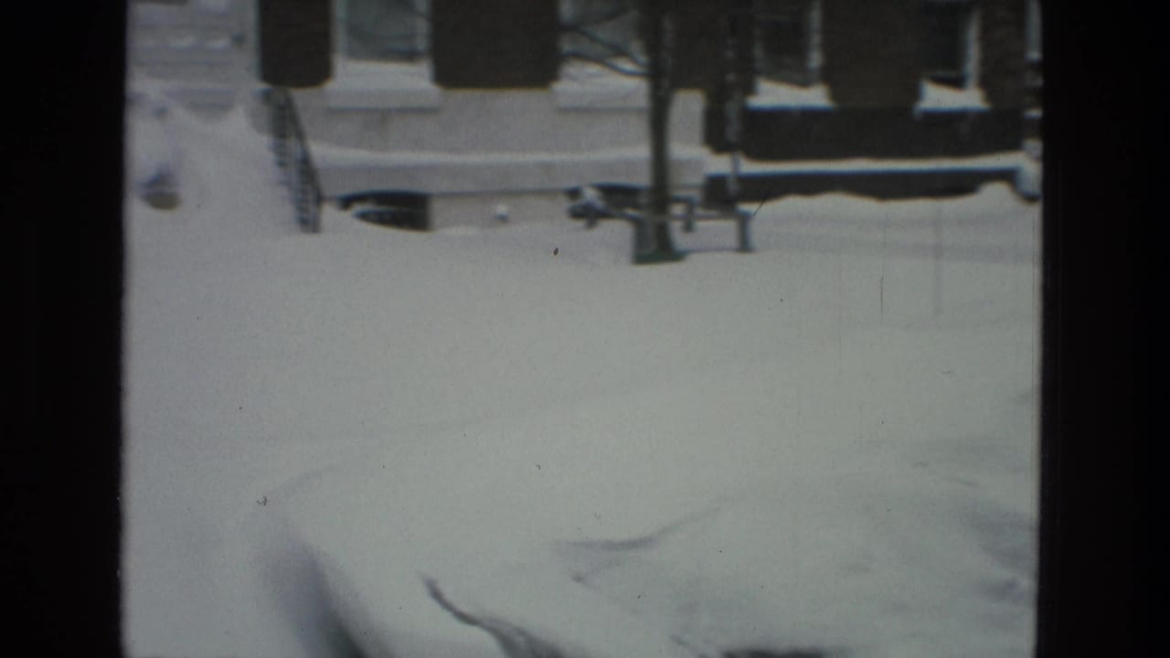 Snowy street view with row houses, a bare tree, and a parked car shape under snow.