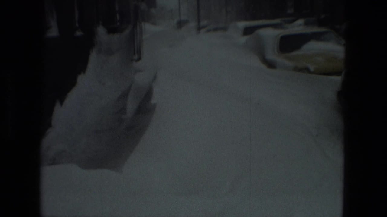 Dark, snow-covered street with parked cars partly buried along the curb.