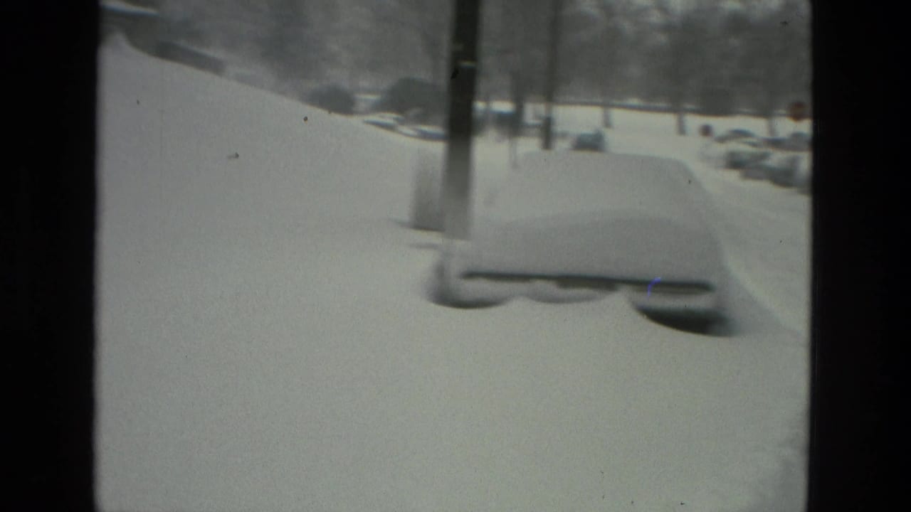 Snow-covered parked car and roadside poles during a winter storm.