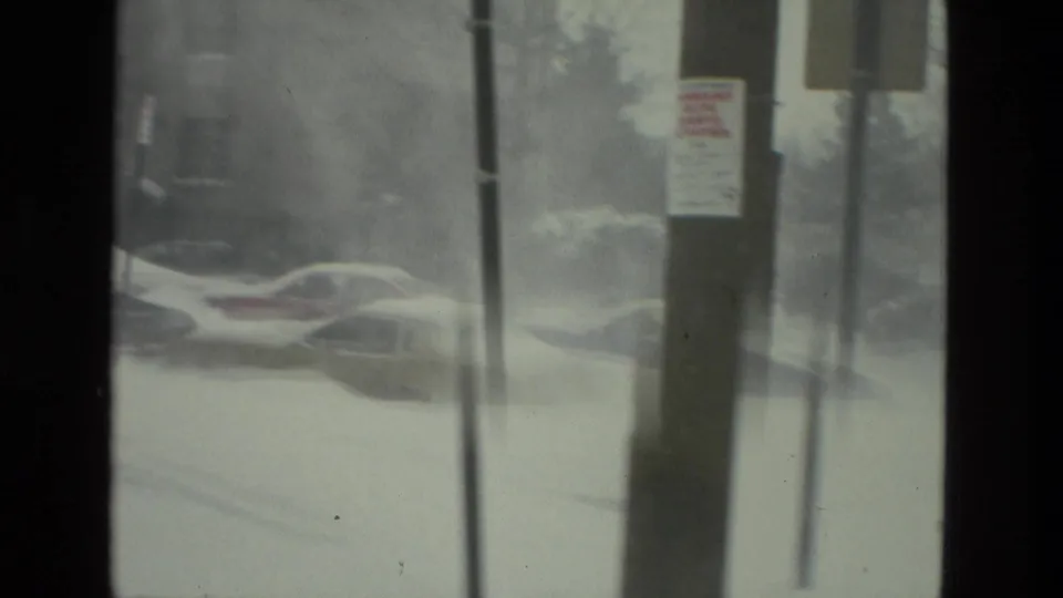 A utility pole with a posted sign stands in the foreground as snow-covered cars and a residential street recede into the wintry Drexel Hill background.