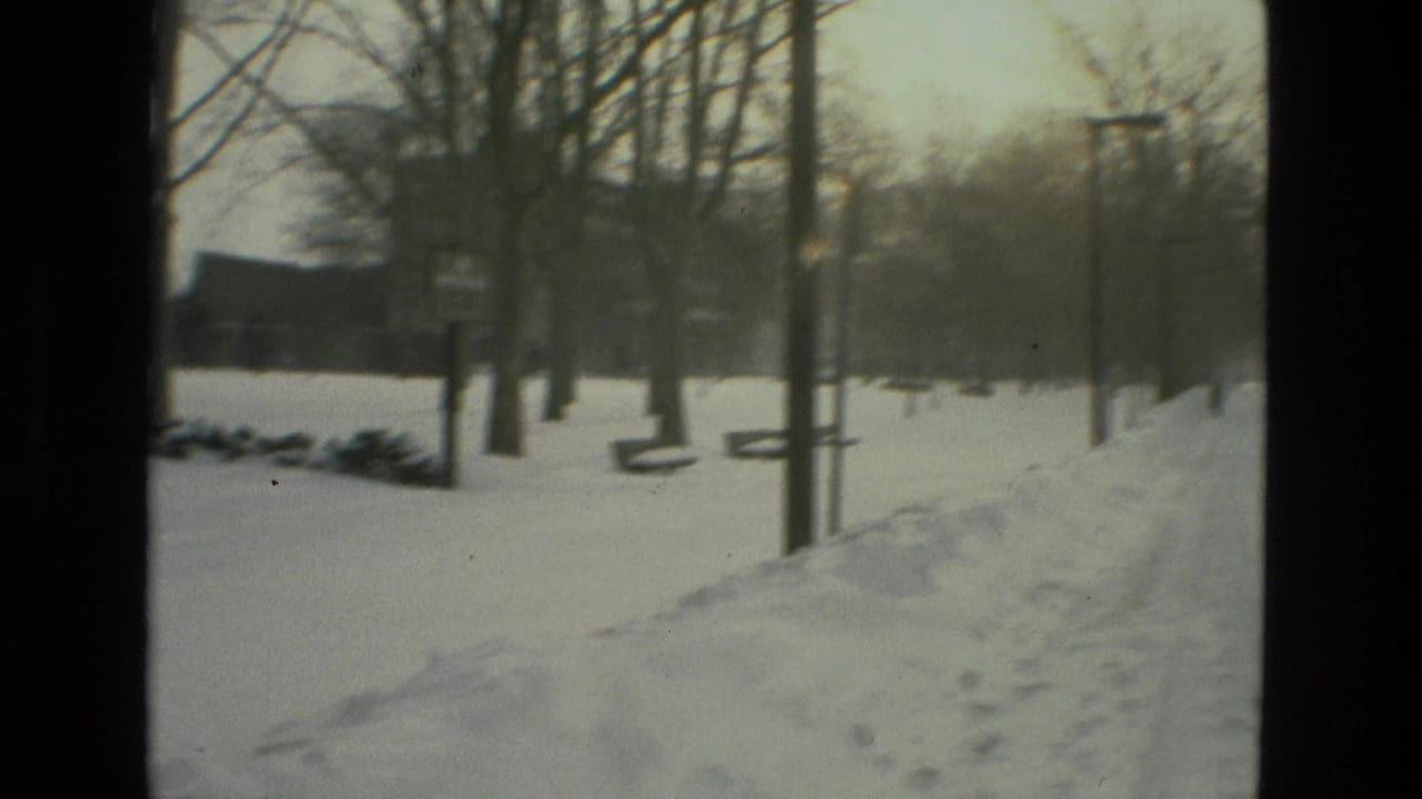 Snowy Drexel Hill park scene with benches, bare trees, upright posts, and distant structures visible through soft 8mm focus.