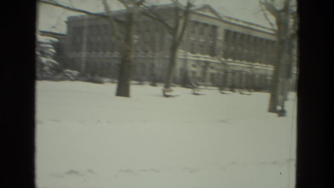 Snowy open area with bare trees and large buildings in the background.