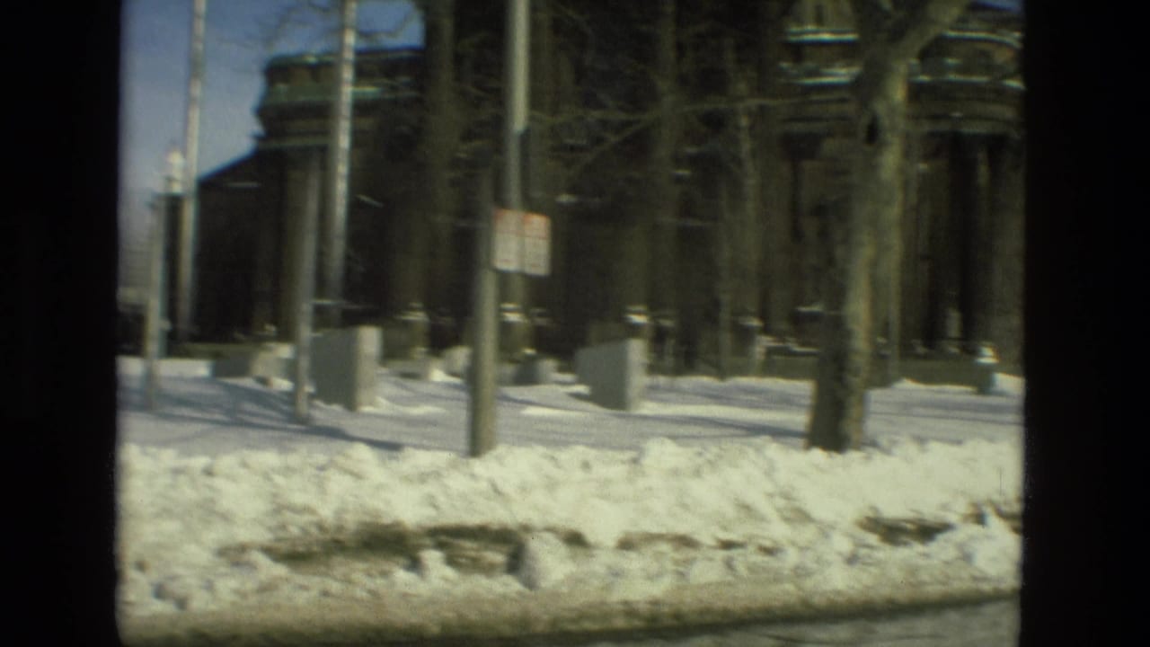 Snowbank and bare trees in front of a large masonry building with flagpoles.