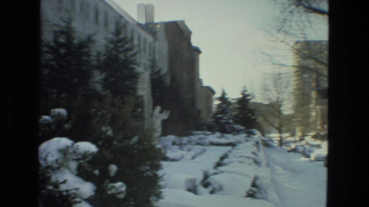 1978 Drexel Hill winter view of snow piled beside a residential building, with evergreens, bare trees, and distant parked cars.