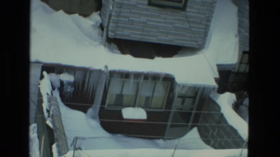 Drexel Hill residential backyards in 1978, with snow-covered roofs, windows, fences, and close neighboring houses.