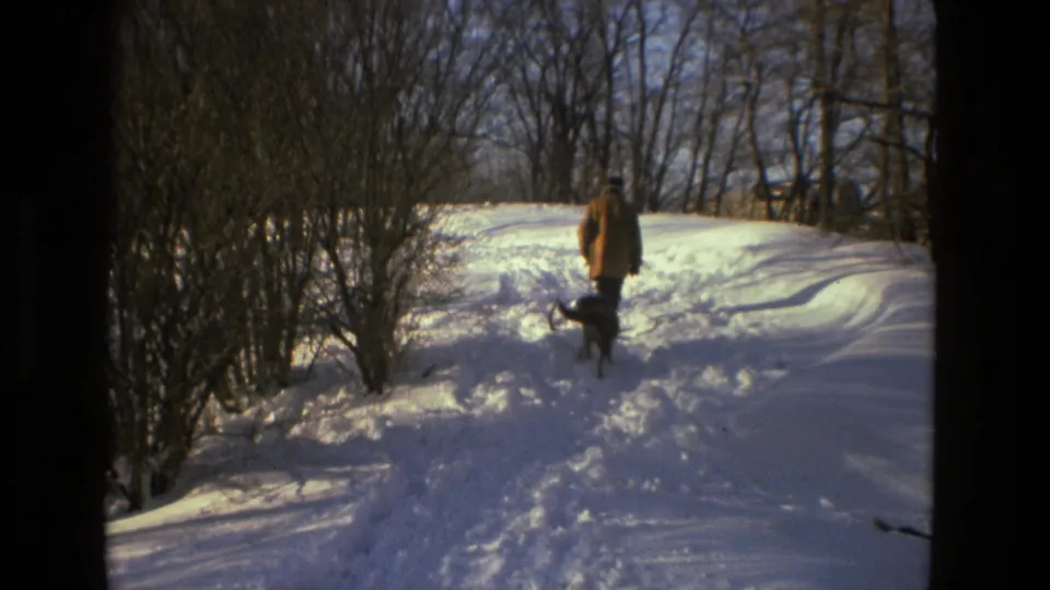 A bundled adult stands with a dark dog on a snowy path in the 1978 Drexel Hill home-movie footage.
