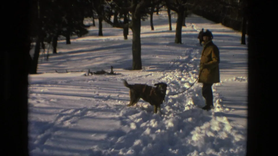 The leashed dog moves across a snowy Drexel Hill park as the man in a tan coat holds the lead nearby.