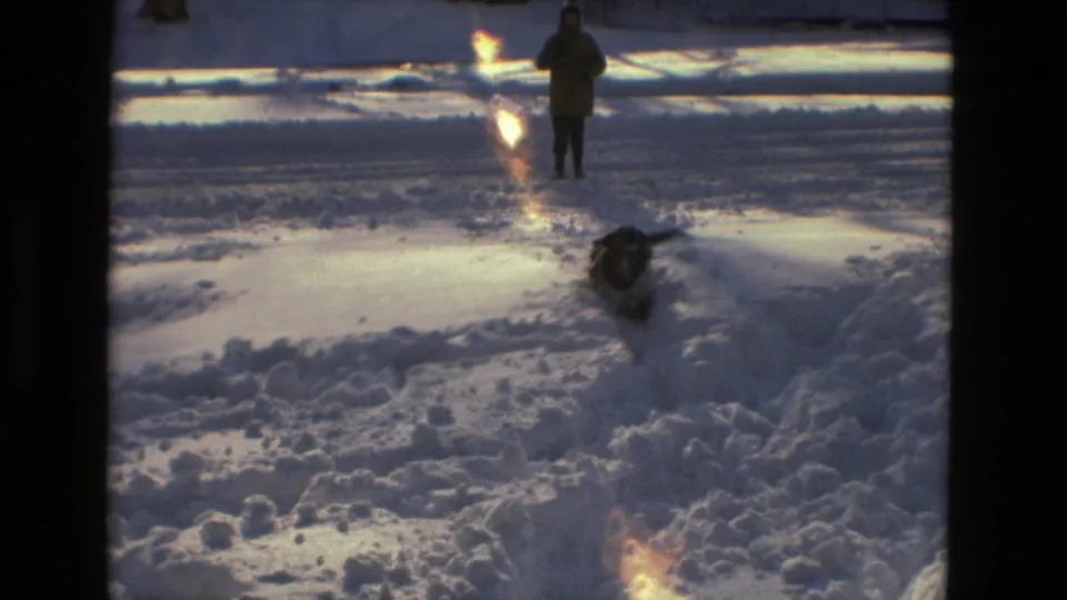 A bundled figure stands beyond a snowy path in Drexel Hill as a dark dog runs or tumbles through uneven snow in the foreground.