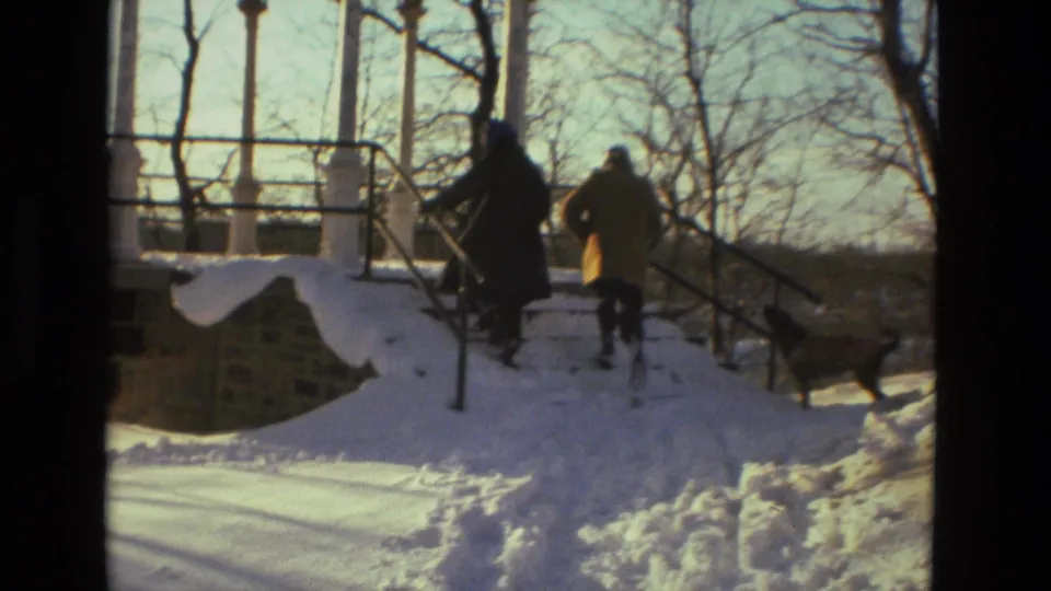 In Drexel Hill, Pennsylvania, 1978, two people in winter coats and a dog ascend snow-covered steps near a white gazebo.