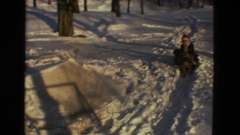 The sledder passes closer to the camera on the packed snow path, with a tree trunk, snowbanks, and long winter shadows visible.