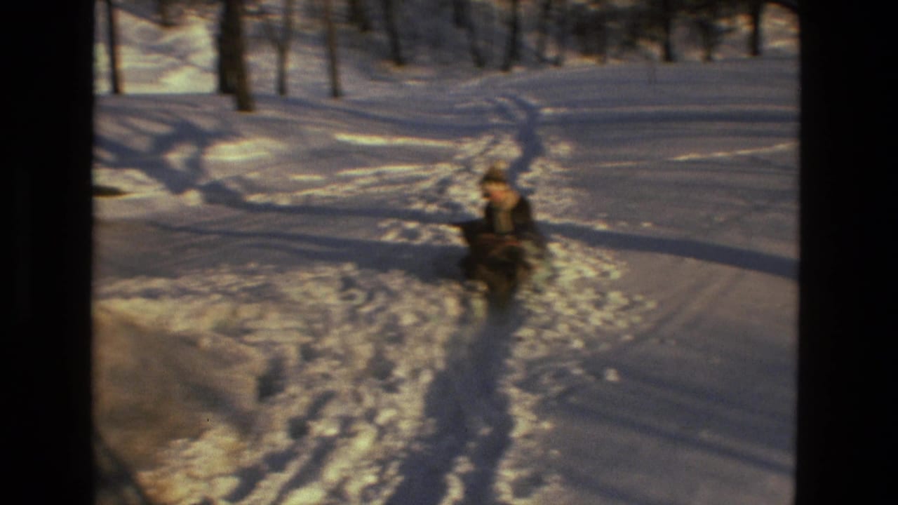 Child in winter clothing sits or crouches in deep snow among bare trees.