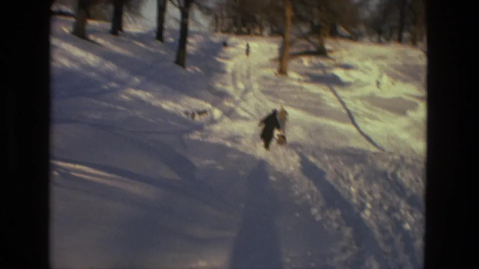 A child and dog move through a snowy wooded area in Drexel Hill, Pennsylvania, in 1978 8mm home-movie footage.