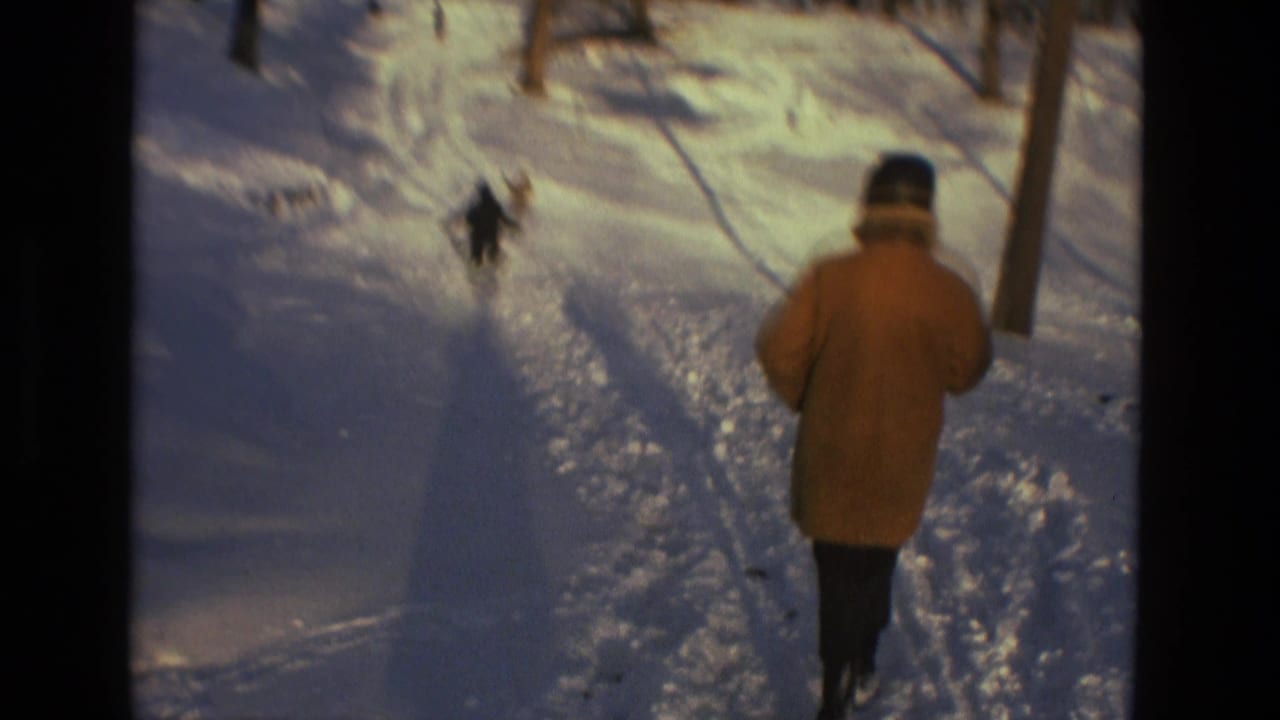 Person in a tan coat walks away on a snowy wooded path while another figure is ahead.