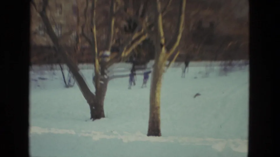 1978 Drexel Hill home-movie frame showing distant walkers crossing a snow-covered park behind leafless trees.