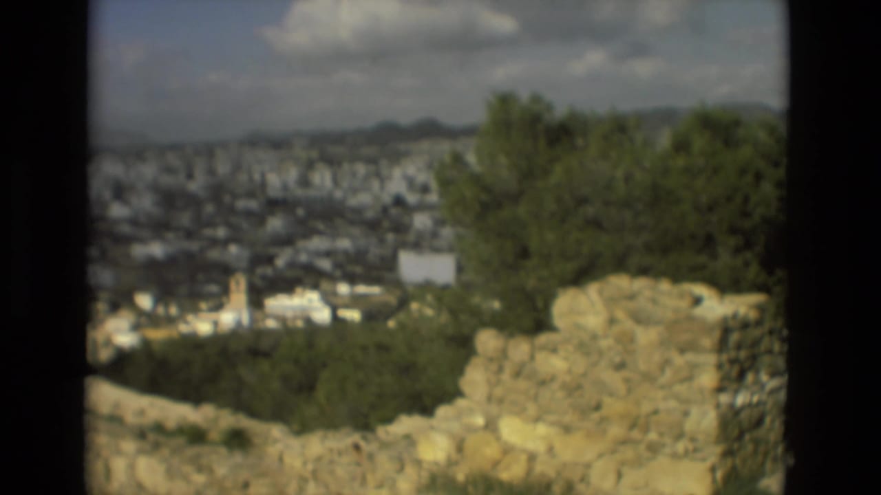 Soft view over a town from an elevated point, with trees and stonework in the foreground.