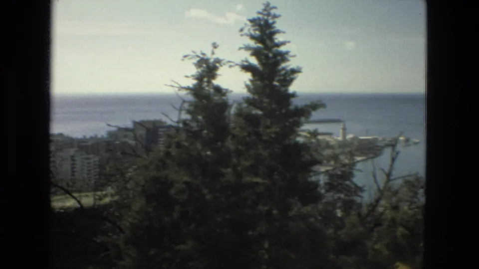 1978 8mm frame identified as Granada, Spain, with trees dominating the foreground and a harbor, sea horizon, and city blocks beyond.