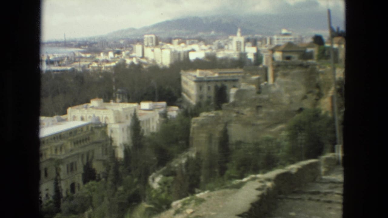 Elevated view over stone ruins, trees, city buildings, water, and distant mountains.
