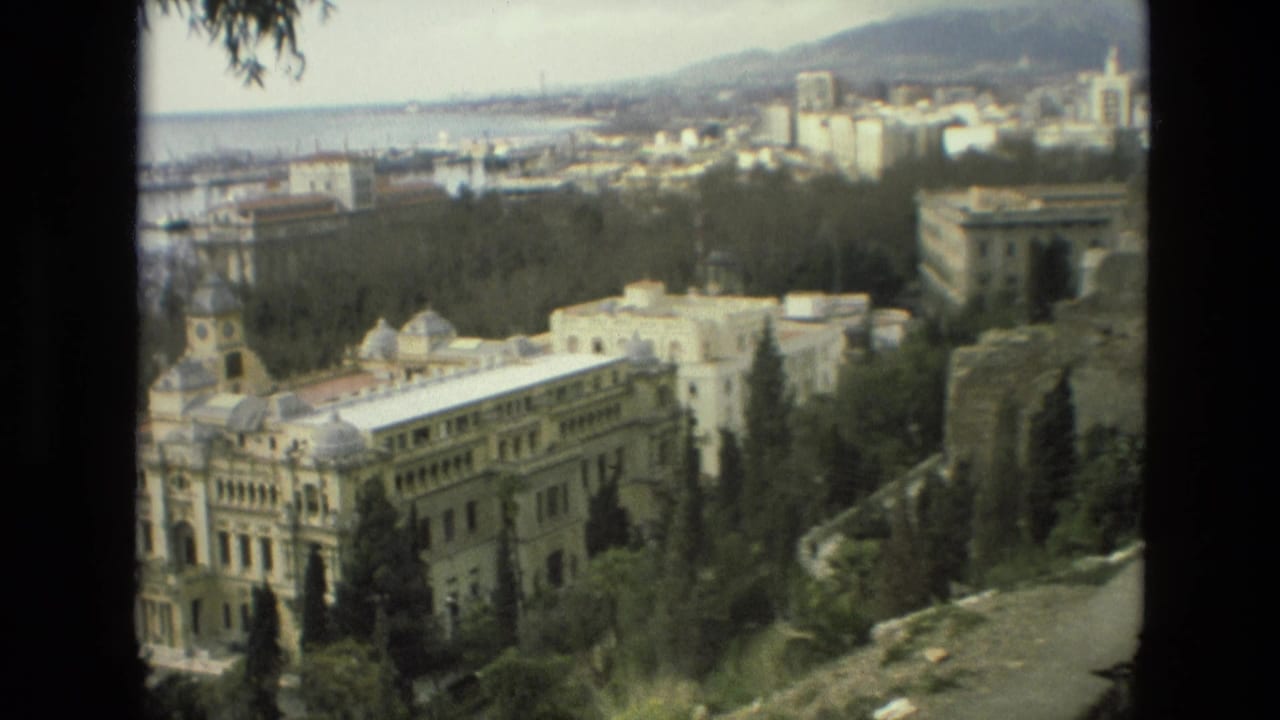 Panoramic view of an ornate building among trees with water, city blocks, and mountains beyond.