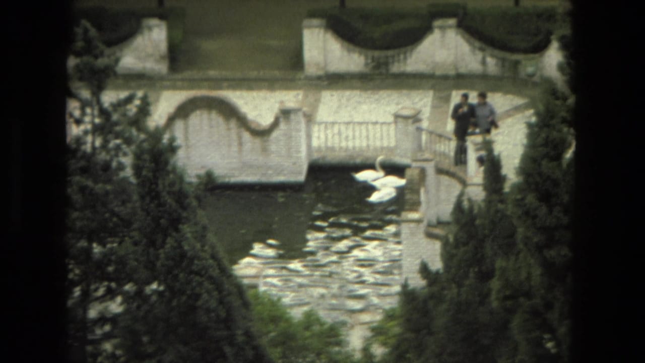 1978 Granada garden scene with white swans on water, a bridge, and two distant visitors on a path.