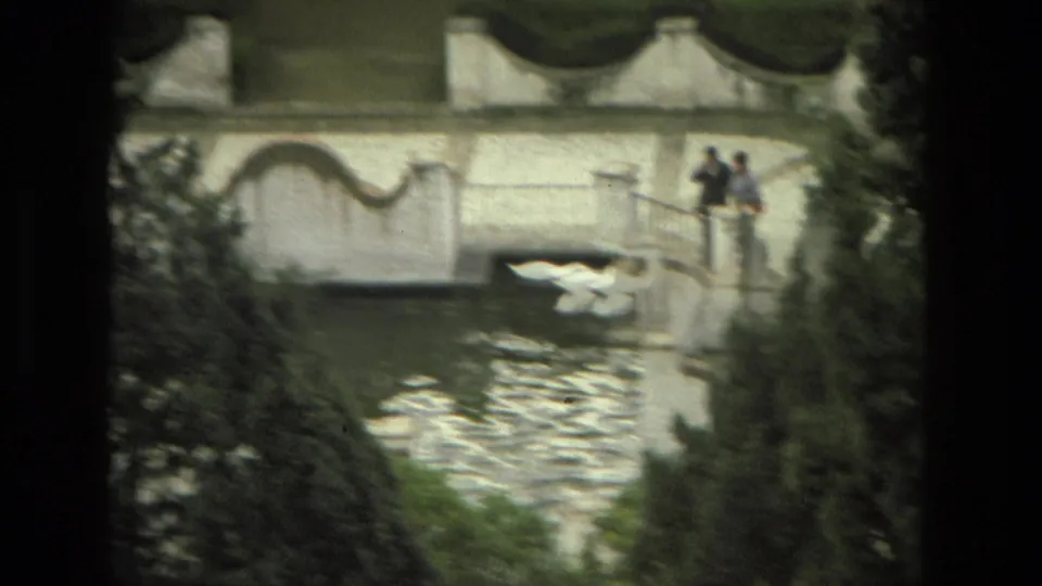 Granada garden footage shows distant visitors beside a water feature with swans and a bridge in view.