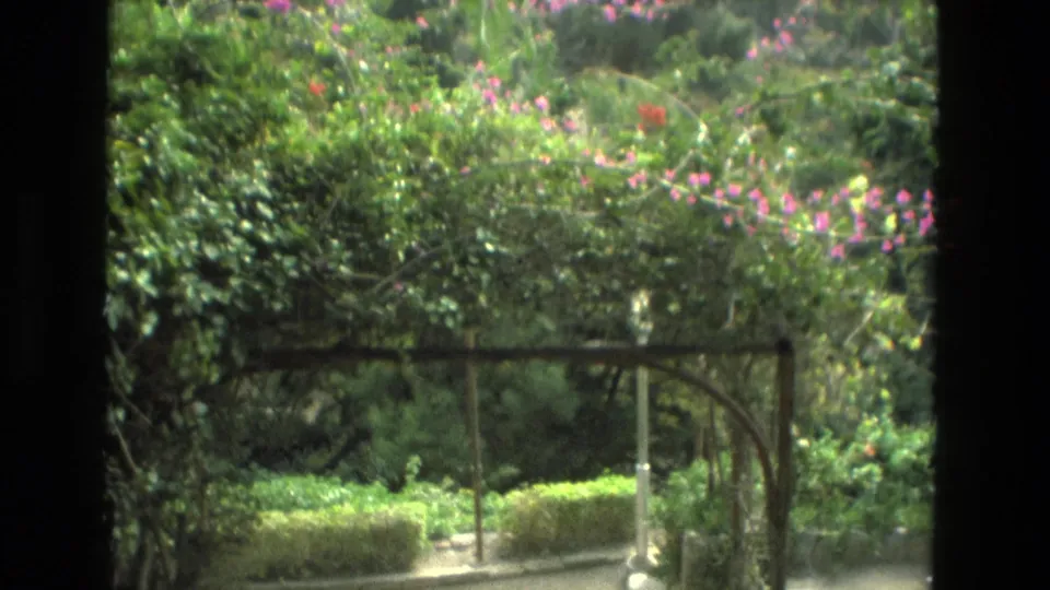 1978 Granada frame looking through a garden arbor toward hedges, paths, and pink flowering plants.