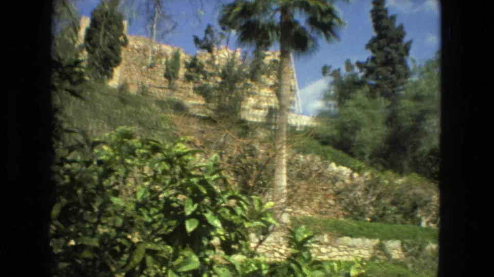 1978 Granada frame of a terraced stone hillside with palms, shrubs, trees, and bright blue sky.