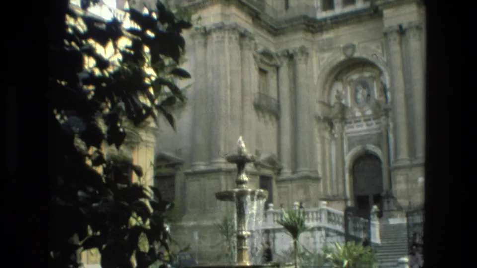 Granada cathedral entrance with a fountain, steps, railings, and plaza plants in a soft 8mm frame.