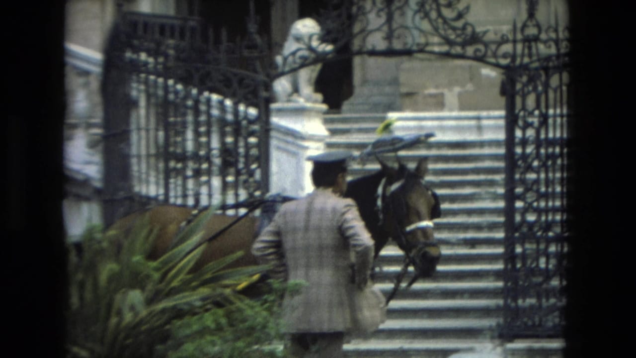 In Granada, Spain, a man in a light suit leads a harnessed horse past ornate gates and stone steps in 1978 home-movie footage.