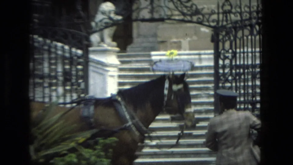 The suited man follows the decorated horse near the wrought-iron gate and broad stone stairway in 1978 Granada footage.