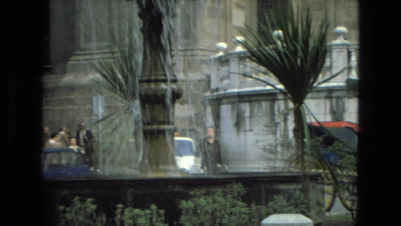 City square seen through dark frame edges with pedestrians, cars, stone architecture, and planted palms.