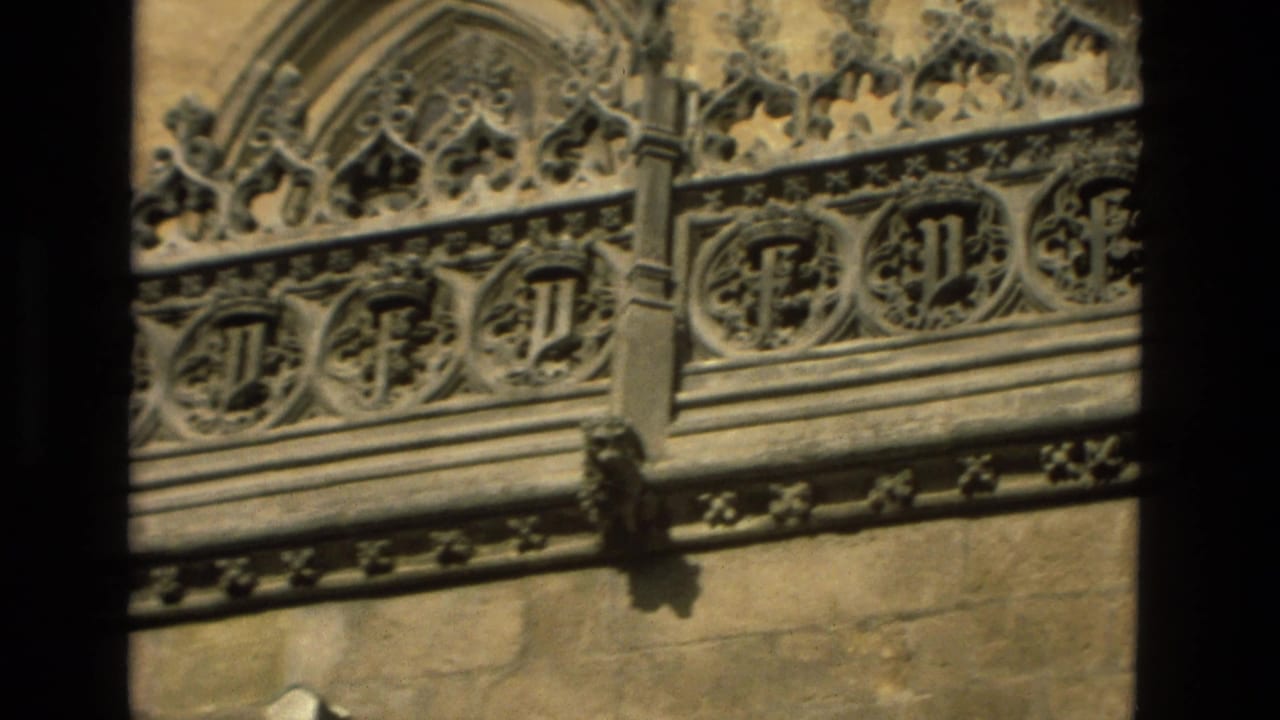 Upper facade detail with carved roundels, tracery, and weathered stonework partly bordered by dark frame edges.