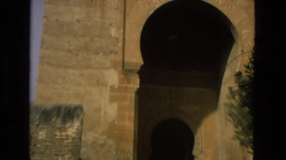 Tight 1978 8mm view of a Córdoba stone facade with a deep arched opening, smaller arch below, and tree branches at the side.