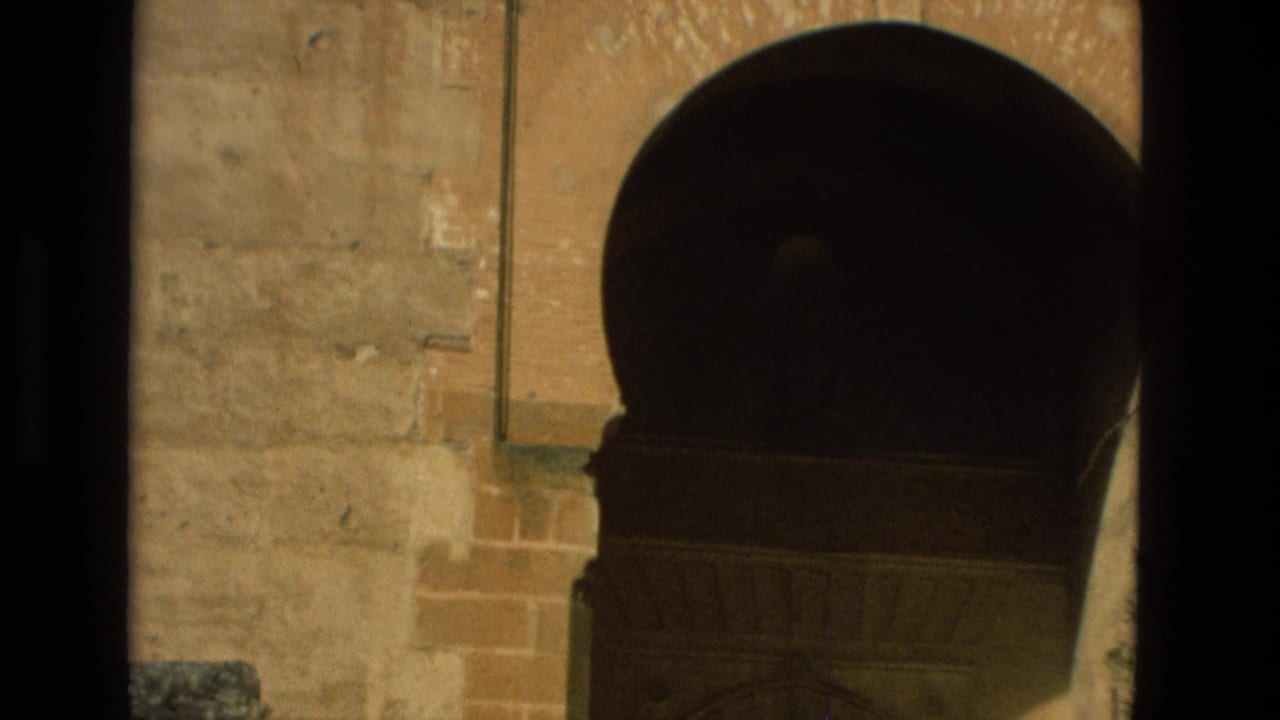 Sunlit stone wall with a dark horseshoe arch and worn masonry.