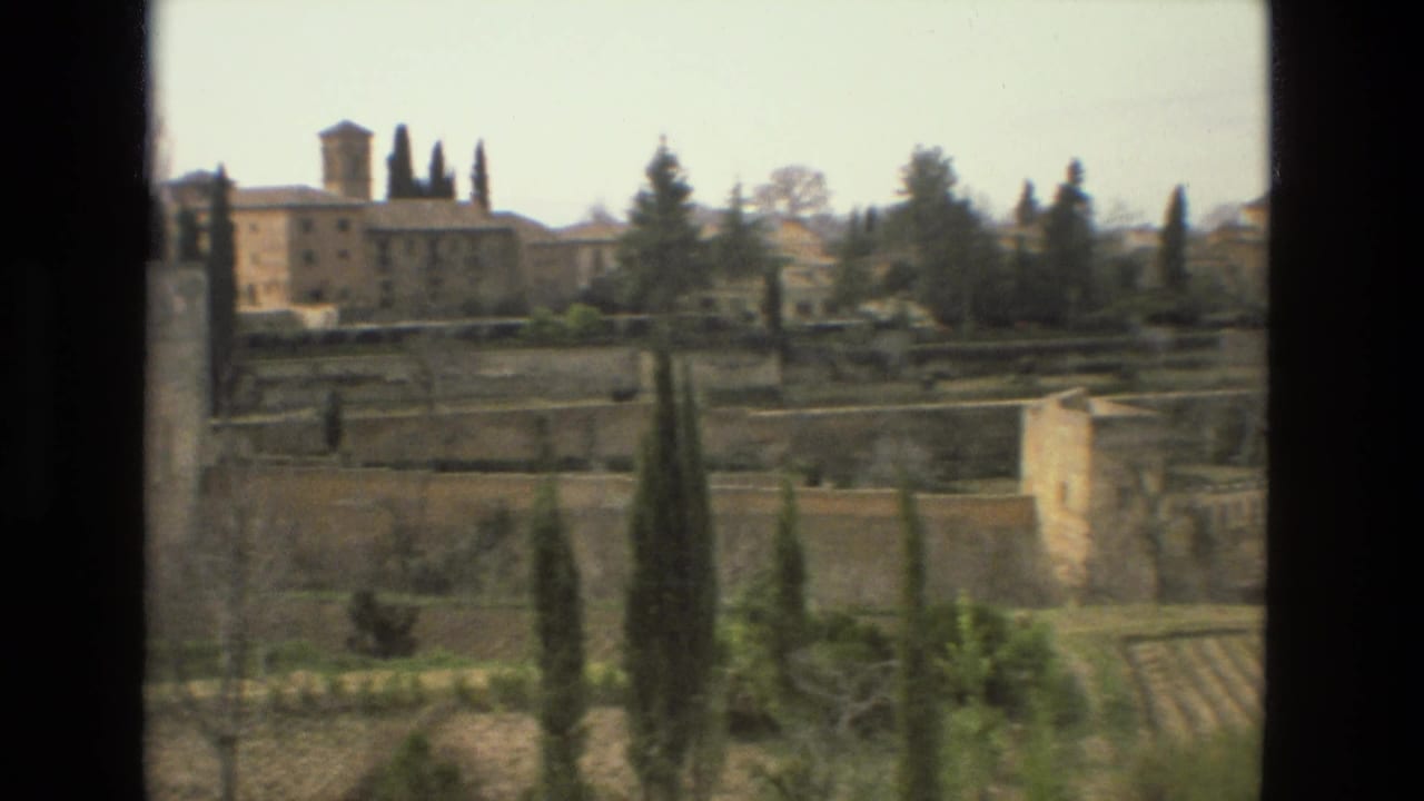 Stone walls, cypress trees, garden plots, and historic buildings seen from an elevated viewpoint.
