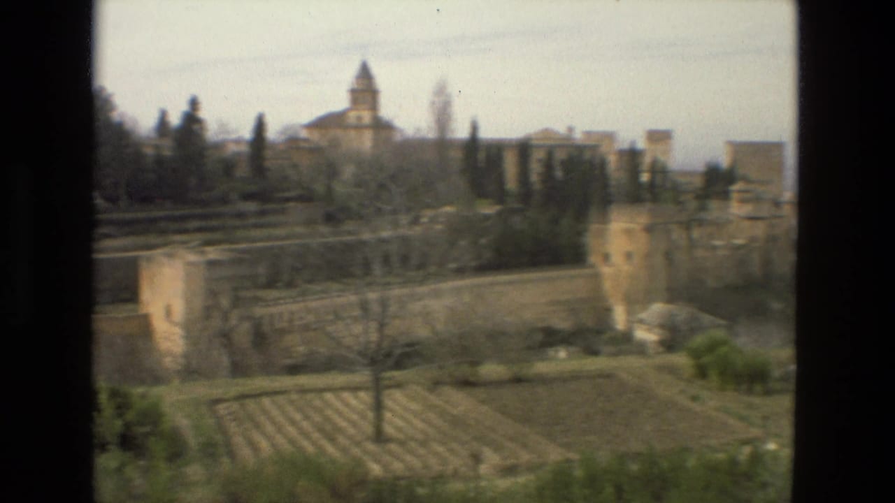 Historic walls and towers with cypress trees and a church-like tower in the distance.