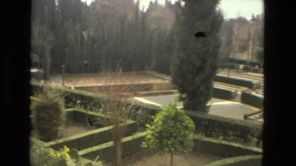 1978 home-movie frame in Córdoba with hedged garden paths, tall trees, terrace walls, and visible film debris near the top edge.