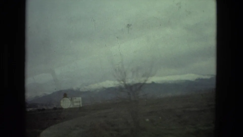 Moving vehicle view in 1978 near Seville, Spain, with a bare tree and roadside sign passing before distant snow-lined mountains.