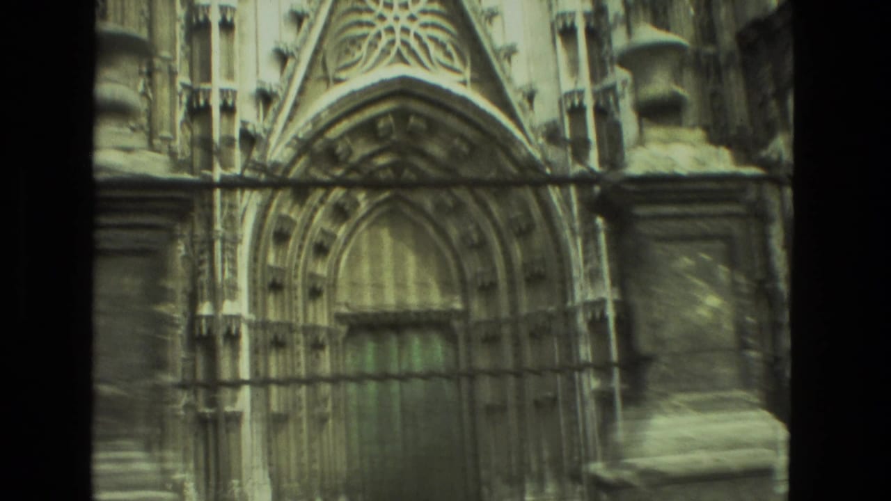 Ornate arched doorway on a historic stone building seen in soft 8mm focus.