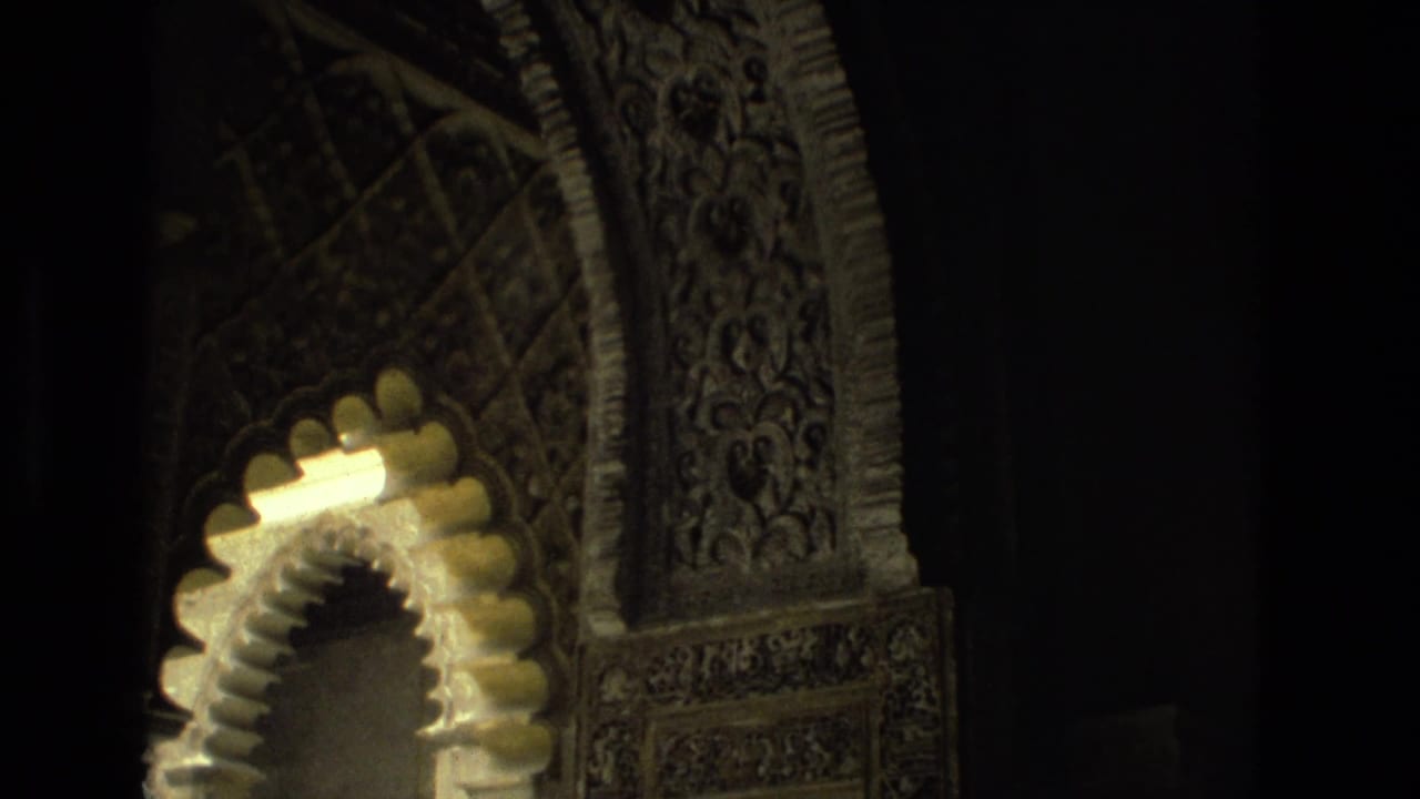 Dim view of ornate scalloped archwork and carved wall detail around a bright opening.