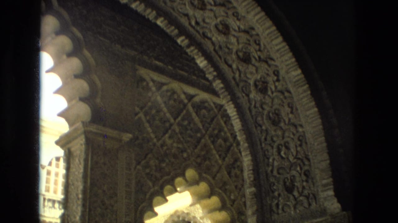 Ornate horseshoe arch and carved wall panels inside a historic Seville interior.