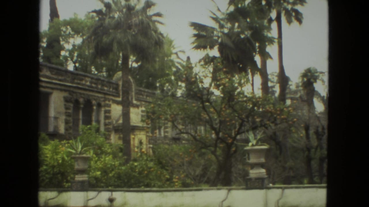 1978 Seville home-movie frame showing an older masonry structure partly obscured by palms, hedges, and dense garden planting.
