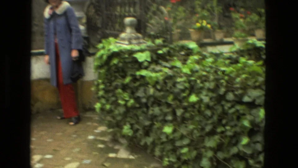 Seville garden frame with ivy, a stone path, potted plants, and a partially seen adult figure near a wall.
