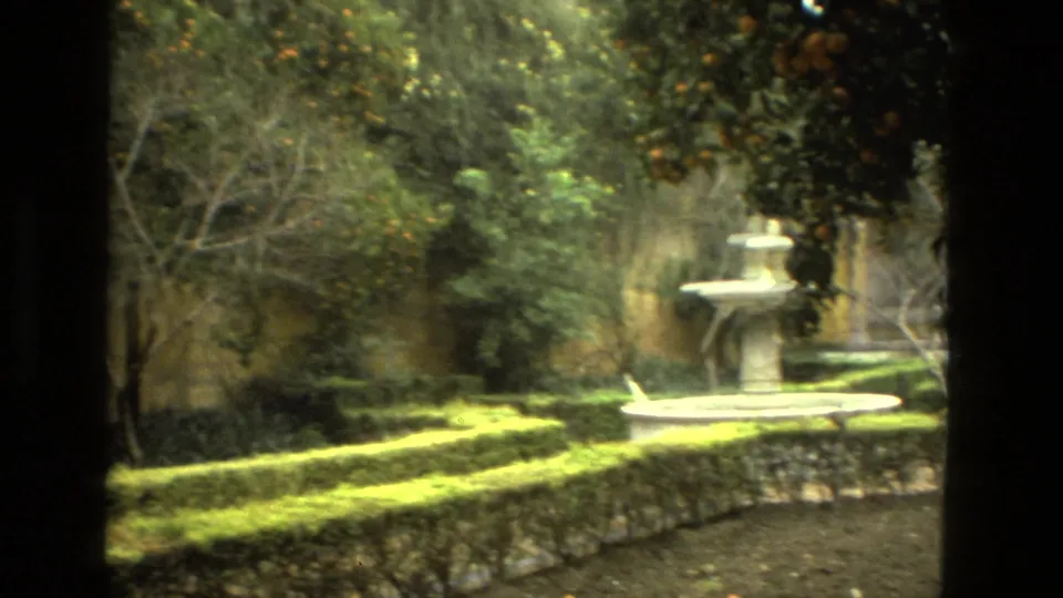 Seville garden view with a stone fountain, clipped hedges, orange trees, and weathered courtyard walls.
