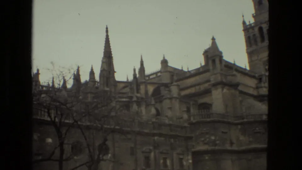 Soft 8mm view of Seville Cathedral in 1978, with bare branches in front of Gothic stonework and the Giralda partly visible at right.