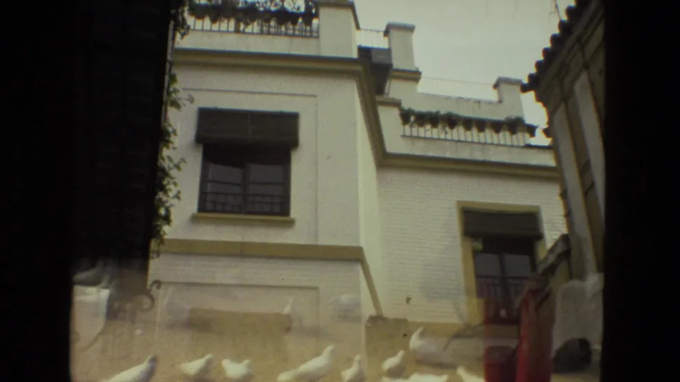 1978 Seville home-movie frame showing a white facade above and a partial street-level view of a person in red pants near white birds.