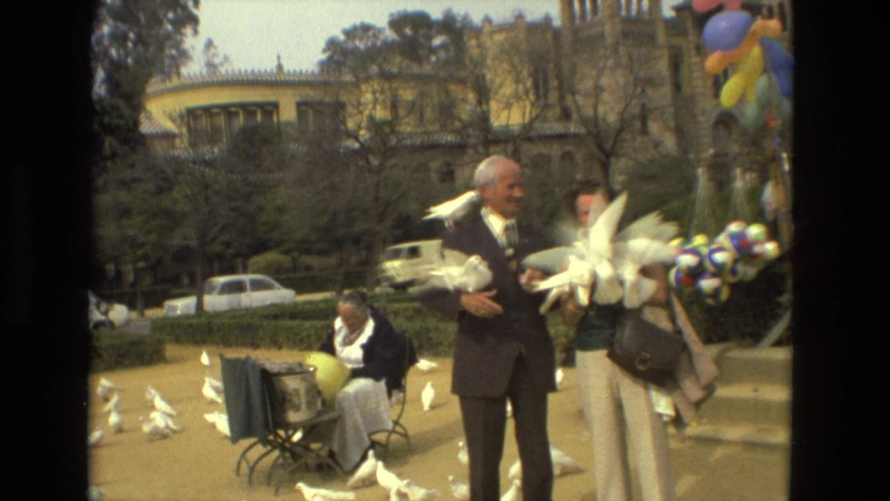 Two adults stand among white pigeons in a courtyard with a seated woman, cart, cars, and building behind them.